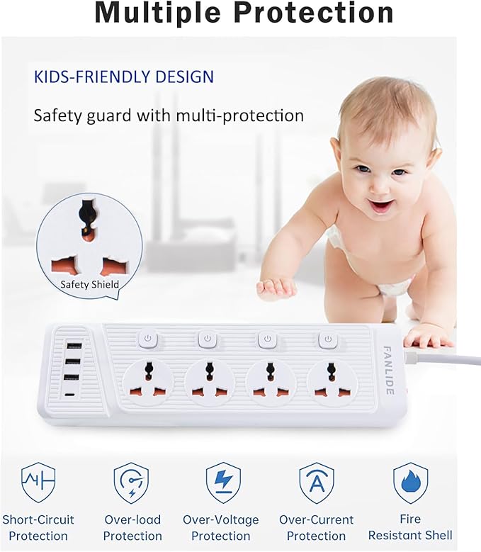 Universal Power Strip with USB C, 6.5ft Long Power Cord, 4 Outlets Power Strips with Surge Protection, 4 USB Ports Desktop Charging Station(3 USB-A & 1 USB-C)