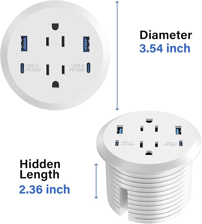 Desktop Power Grommet, 65W USB C Fast Charging, Flush Mount Recessed Power Strip 3-Inch Hole, 2 Outlets, 4 USB Ports, Countertop Outlet (White)