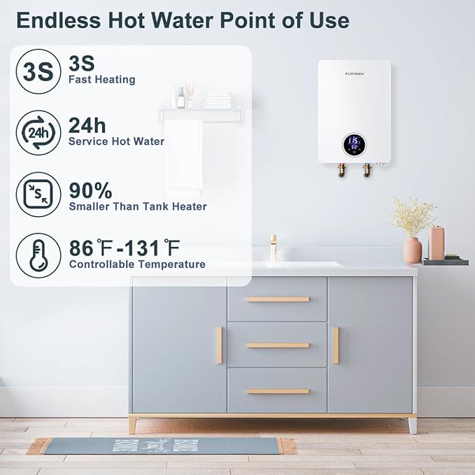 Electric Tankless Water Heater, ECOTOUCH 27kW on Demand Hot Water Heater Electric 240V Instant Tankless Hot Water Heaters Point of Use with ETL Certificated Self-Modulating ECO270S