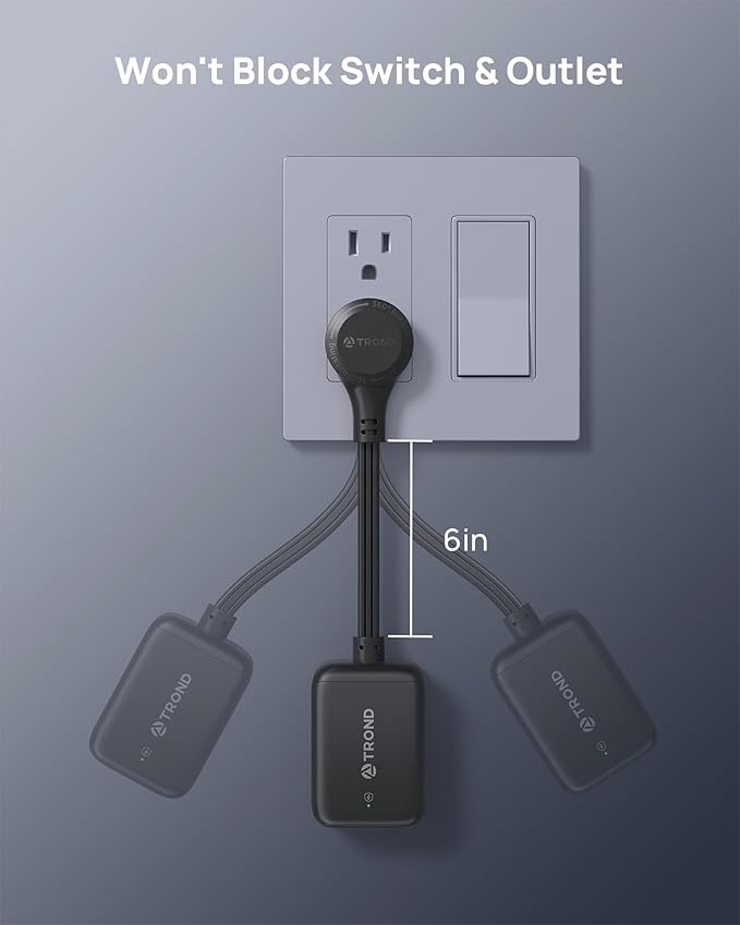 TROND 360° Rotating Flat Plug Outlet Extender with 6 Inch Extension Cord, Small Surge Protector Outlet, 900 Joules, No Blocking 3 Way Plug for Indoor Home Office Travel Dorm Room Tight Spaces, Black