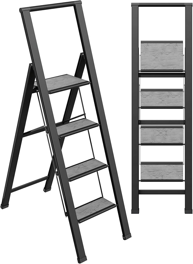 Step Ladder 4 Step Folding, Decorative - Beautiful Gray Wood & Black Aluminum, Ultra Slim Profile, Anti Slip Steps, Sturdy-Portable for Home, Office, Kitchen, Photography Use,by SORFEY
