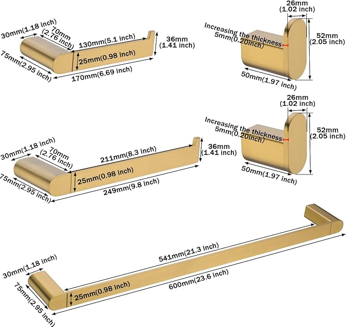 RANDOM Champagne Bronze Towel Bar Set 5 Piece Bathroom Hardware Set Include 9.8/23.6 Inch Towel Holder Toilet Paper Holder and 2 Towel Hooks Stainless Steel Bathroom Accessories Kit Wall Mount