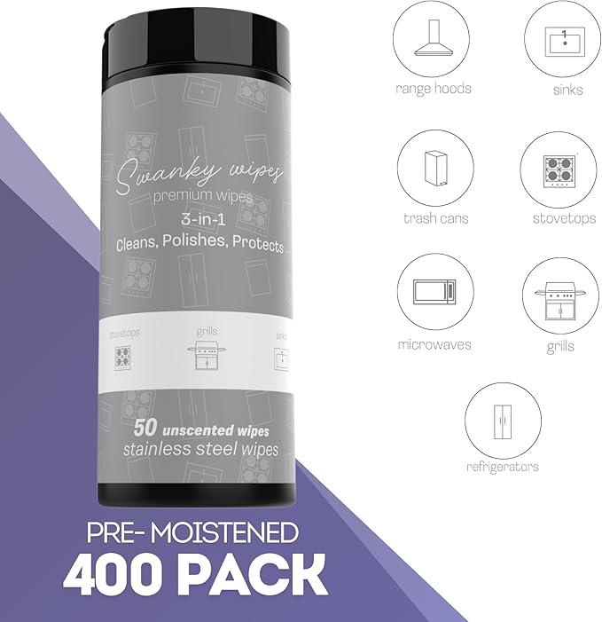 Swanky Stainless Steel Cleaner Wipes - Grime & Grease Remover Kitchen Cleaning Supplies - Clean & Shine, For Stove Top, Refrigerator, Sink, Oven, & Household Appliances - Canister, 400 Count