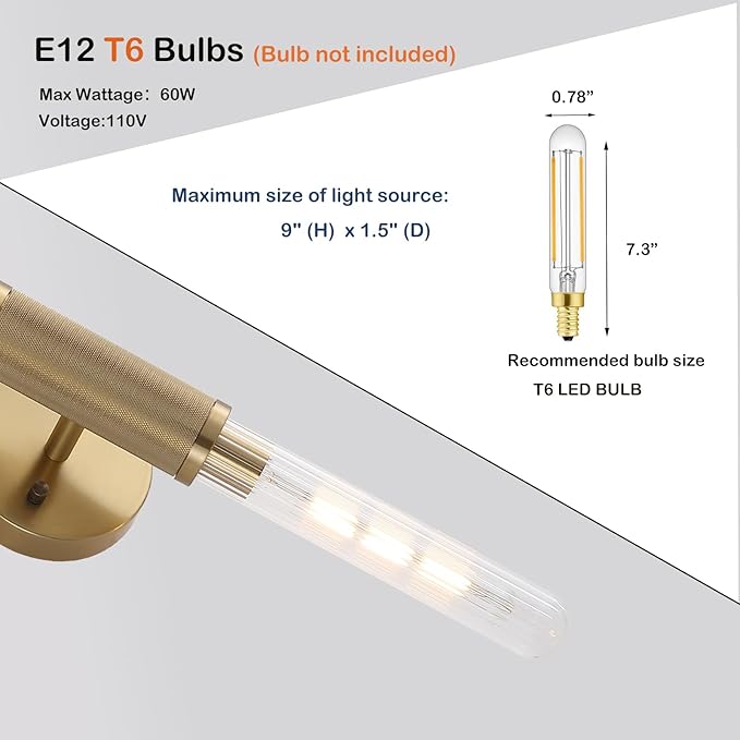 Gold Knurled Texture Wall Sconces 24" Modern Cylinder Bathroom Vanity Lights Fixtures with Clear Striped Glass Shade 2-Lights Indoor Wall Lighting for Living Room Bedroom Kitchen