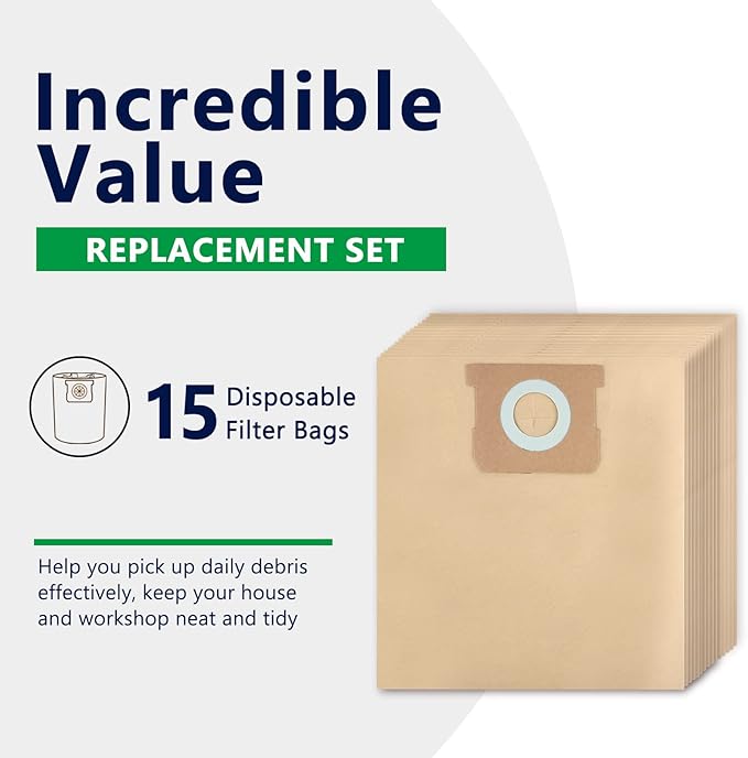 KEEPOW 15 Pack 5-8 Gallon Vacuums Bags, Compatible with Stanley SL18115, SL18116, SL18117, SL18158 and Porter-Cable PCX18406-5B, PCX18404P-6A– Durable, Easy Disposal for Wet/Dry Vacuums