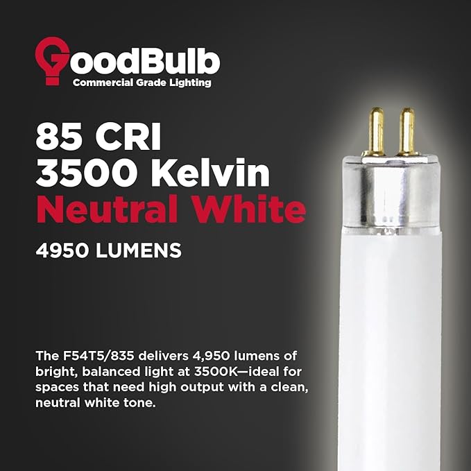 GoodBulb F54T5/835/ECO 54W 46 Inch T5 Fluorescent Light Bulb 3500K Soft White Color Medium Bi-Pin Base 4950 Lumens 85 CRI 36000 Life Hours Instant/Programmed Start Pack of 40 Bulbs