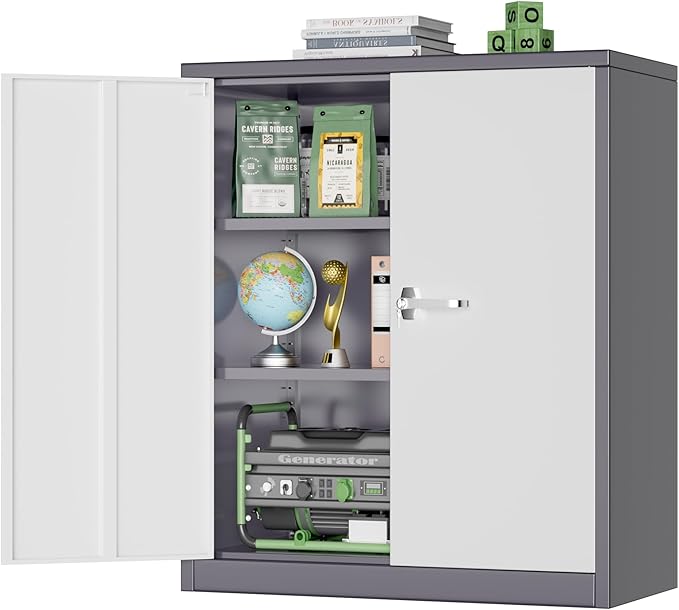 Greenvelly Metal Storage Cabinet, 36" Locking Storage Cabinet with Doors and Shelves, Lockable Storage Cabinets for Home Office, Utility Locker Cabinet, Steel Garage Cabinet with 2 Keys, White Grey