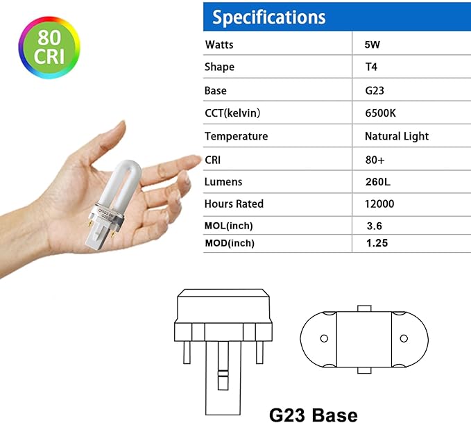 CF5DS-5W 2 Pin 5W Fluorescent Single Tube,Replacement Bulb for Sylvania CF5DS,Sunlite PL5W,SATCO CFS5W,CFL Plugin Light Bulb,G23 Base - 6500K-2Pack