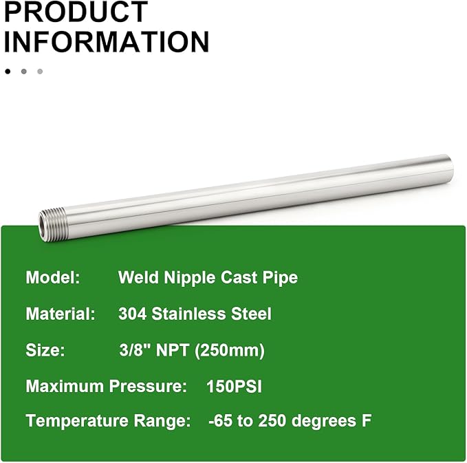 TAISHER 2PCS 304 Stainless Steel Pipe Fittings, 3/8" NPT Male Threaded, 10" Length Weld Nipple Cast Pipe