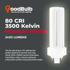 GoodBulb 32 Watt CFL Light Bulbs 4 Pin GX24Q-3 Base 3500K Neutral White 32W High Output 2400 Lumens Triple Tube Compact Fluorescent Light Bulbs Plug-in 10 Pack