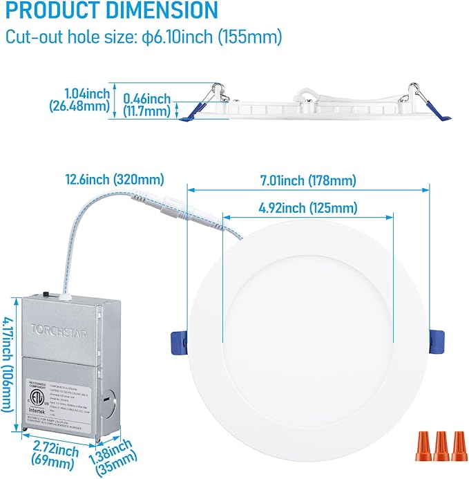 TORCHSTAR Basic Series 12-Pack 5CCT 6 Inch Ultra-Thin LED Recessed Lighting with J Box, CRI90, Aluminum, 2700K3000K3500K4000K5000K, 5%-100% Dimmable Slim Recessed Downlight, 12W 1000LM, ETL & ES