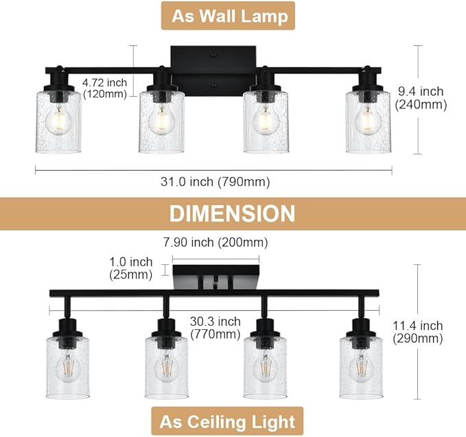 4-Light Track Lighting Kit Bathroom Wall Light Fixtures, Black Directional Ceiling Light for Kitchen Dining Room Bedroom Office, Seeded Glass Shades