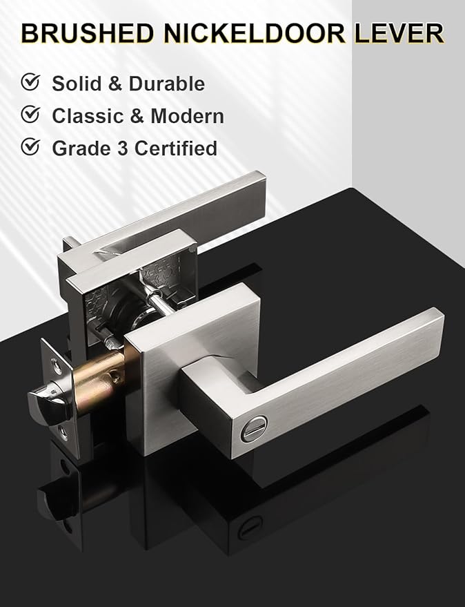 5 Pack Privacy Square Brushed Nickel Door Handles Interior, Keyless Door Knobs for Bedroom/Bathroom, Reversible for Left Right Handed Doors