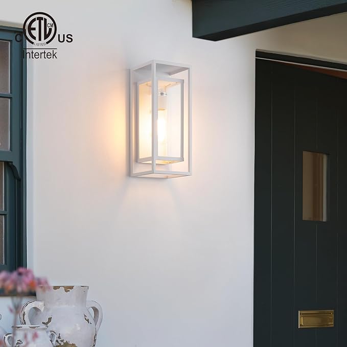 mirrea 14" Classic Outdoor Wall Sconce 1 Light in Rectangular Metal Frame and Clear Glass Shade Waterproof Porch Light Patio Light Pack of 2 (Matte White)