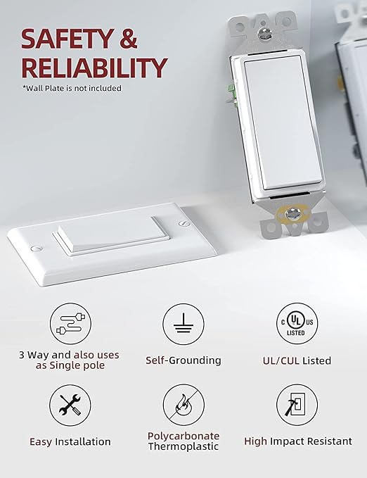 AIDA 20 Pack 3 Way Switch Decora Switch White, Electric Switches,Light Switch15Amp, 120/277 Volt, 3 Way Rocker Switch, Wall Replacement, Self-Grounding, Residential Grade, UL Listed