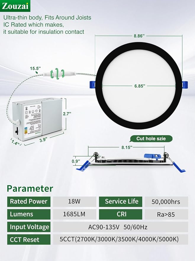 zouzai 24 Pack Black 8 inch 18W Eqv 150W 1685LM 5CCT Reset LED Recessed Ceiling Light with Junction Box, 2700K-5000K Selectable,Dimmable, led Ceiling Lights - ETL and Energy Star Certified