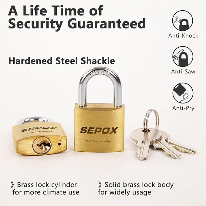 SEPOX® 3Pcs Pack Heavy-Duty Solid Brass Padlocks with Same Keys 4Pcs, Weather Proof Body 40mm 1-9/16", Anti-Rust & Anti-Cut Shackle, Outdoor Lock & Key, Keyed Alike for Gates, Shed, Fence, Gym Locker