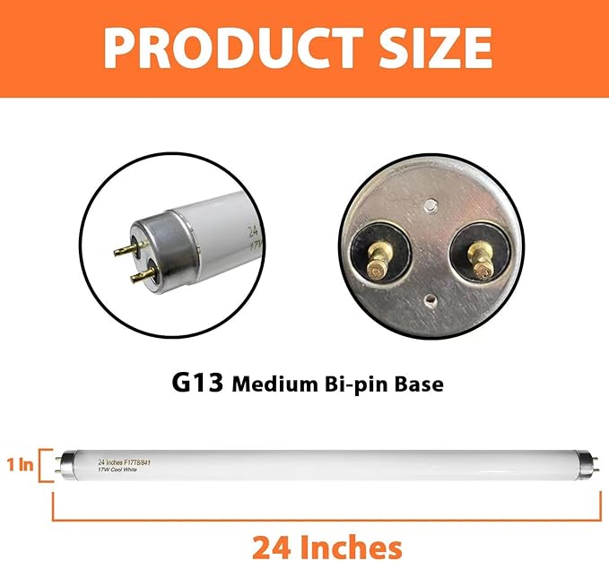 8 Pack 24 inch F17T8/841 17 Watts Light Bulb, 2 Foot Straight Fluorescent Tube T8 Tube Light, 4100K Cool White 1400 Lumen G13 Medium Bi-Pin Cap 8 Count