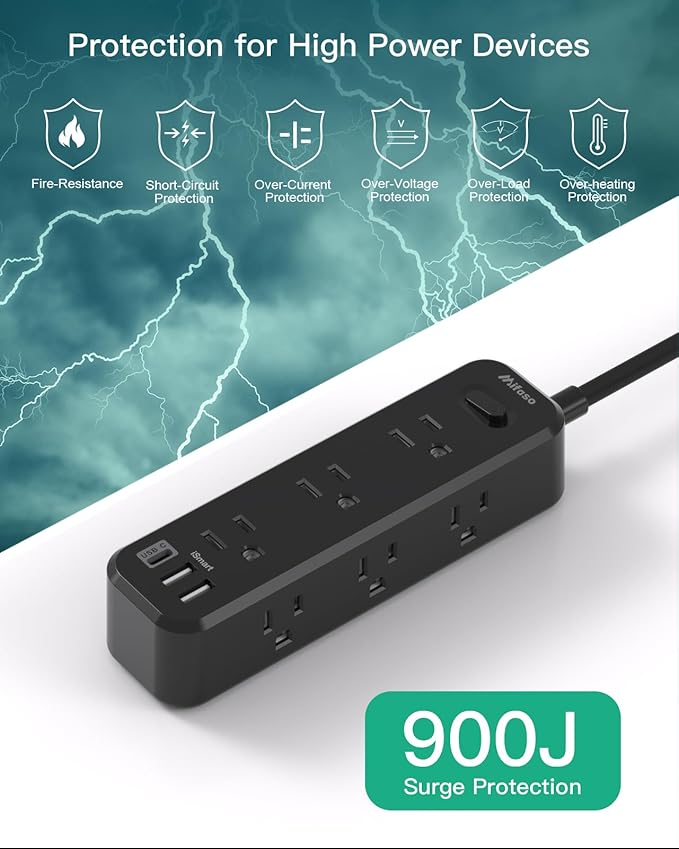 Mifaso Extension Cord, Surge Protector Power Strip, Long Extension Cord with 9 Outlets 3 USB Ports, Extension Cord with Multiple Outlets, USB Power Strip for Dorm Room Essentials, College(10FT, Black)