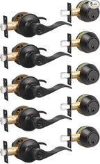 Gobrico 5 Pack Entry Door Handle and Single Cylinder Deadbolt Combo Locksets in Black,Wave Style Lever Style,for Exterior/Front Doors