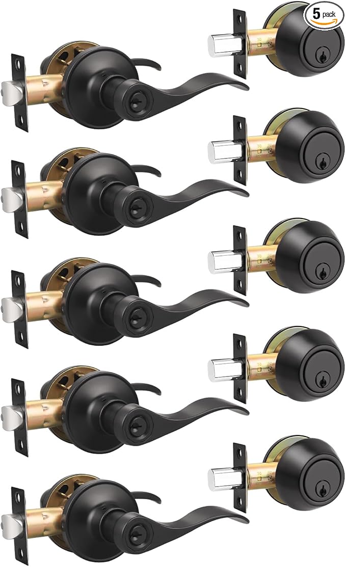 Gobrico 5 Pack Entry Door Handle and Single Cylinder Deadbolt Combo Locksets in Black,Wave Style Lever Style,for Exterior/Front Doors