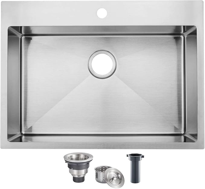 SHACO 28 Inch Drop In Kitchen Sink, Commercial Handmade T304 16 Gauge Stainless Steel Top Mount Sink, 9 Inch Deep Single Bowl Basin Laundry Utility Wet Prep Sink, Fregadero