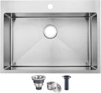 SHACO 28 Inch Drop In Kitchen Sink, Commercial Handmade T304 16 Gauge Stainless Steel Top Mount Sink, 9 Inch Deep Single Bowl Basin Laundry Utility Wet Prep Sink, Fregadero