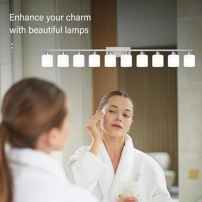 Brushed Nickel Bathroom Vanity Light for Giant Mirror, 10 Light Brushed Nickel Vanity Lights, 65 inch Wall Lamps for Bedroom for Mirrors with Milky White Frosted Glass Shades, E26