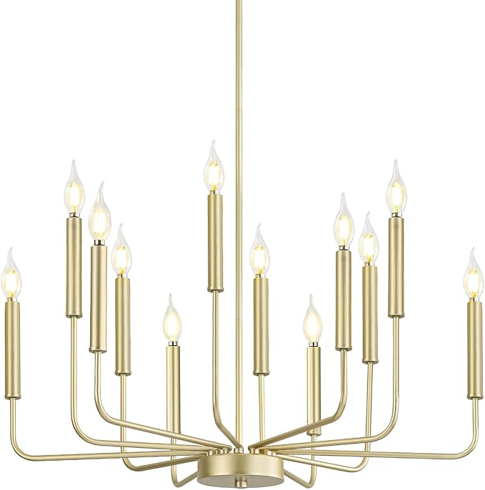 Qamra Modern Farmhouse Gold Chandelier for Dining Room, 12-Light Rustic Candle Chandelier Light Fixture, Industrial Hanging Chandeliers Lighting for Living Room, Kitchen, Staircase, Entryway, Foyer