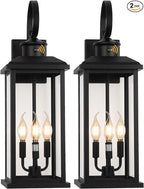 24" Dusk to Dawn Outdoor Wall Light Fixture 2 Pack-Black Extra Large Modern Porch Lantern 3-Light, Waterproof Exterior Lighting Sconce Wall Mount, Outside Lamp for Entryway Garage Coach E12 Base