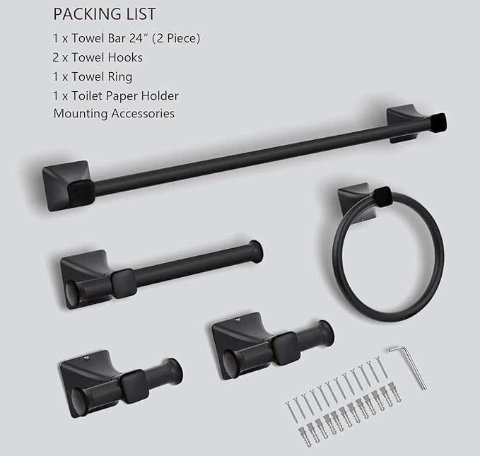 Matte Black Bathroom Hardware Set 5-Pieces, SUS304 Stainless Steel Bath Towel Bar Set Wall Mounted, Including Hand Towel Bar,Towel Ring, Toilet Paper Holder, 2Pcs Robe Towel Hook