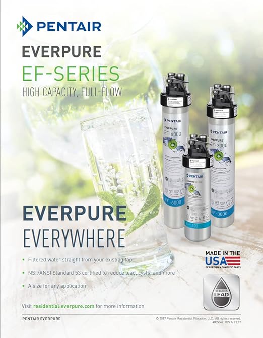 Pentair Everpure EF-1500 Full Flow Drinking Water System, EV985800, NSF Certified to Reduce Lead, includes Filter Head, Filter Cartridge, All Hardware and Connectors, 1,500 Gallon Capacity, 0.5 Micron