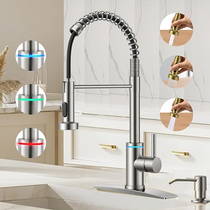 Smart Kitchen Faucet, 3 Modes Pull Down Sprayer, LED Temperature Control, Ceramic Valve, 360-Degree Rotation, 1 or 3 Hole Deck Plate. 10-Year Warranty. (KW-56SN, Brushed Nickel)
