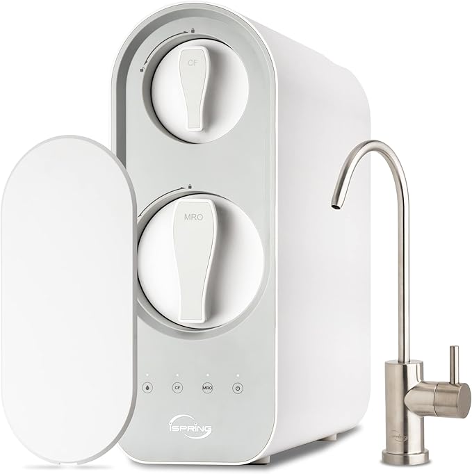 iSpring RO600BN Tankless Reverse Osmosis System Under Sink, 600 GPD Fast Flow RO System, 2.5:1 Pure to Drain Ratio RO Water Filter System, Brushed Nickel Faucet, White