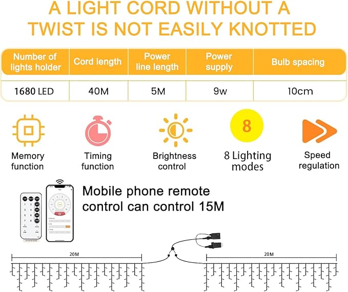Christmas String Lights Outdoor - 131Ft/40M 1680 LED 8 Modes with Remote Control and App Waterproof Christmas Lights for Patio Yard Garden Wedding Party-Warm White