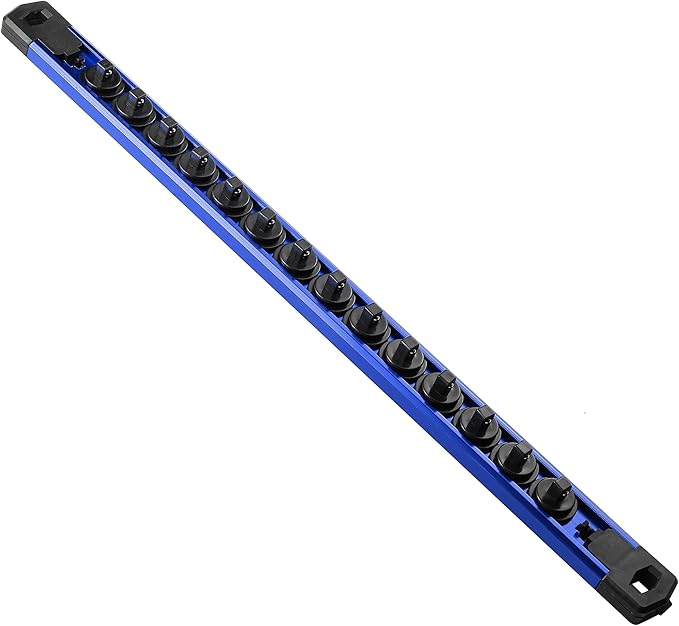 Aluminum Socket Holder, 1-Piece Heavy Duty Premium Socket Rack with 14 Clips for 1/4-Inch (Blue)