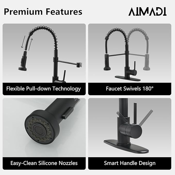 Black Kitchen Faucet with Pull Down Sprayer, AIMADI Commercial Single Handle Pull-Down Sprayer Kitchen Faucets,Matte Black