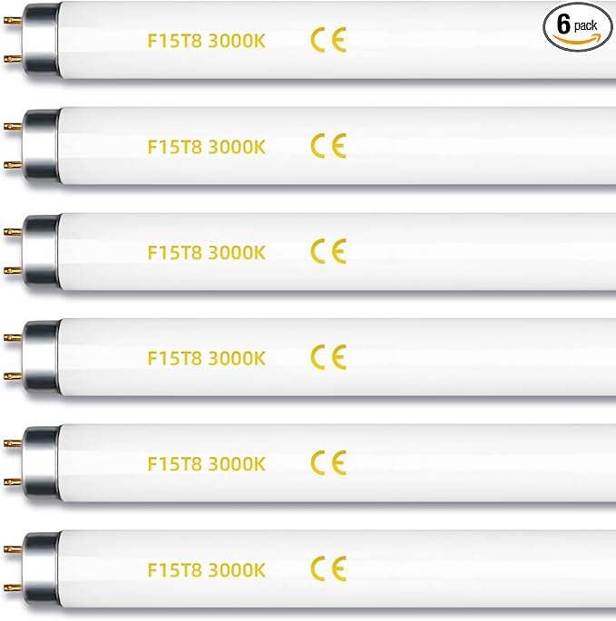 F15T8 18 Inch 15W T8 Fluorescent Replacement Tube Bulb Warm White 3000K Medium Bi-Pin G13 Base 6 Count
