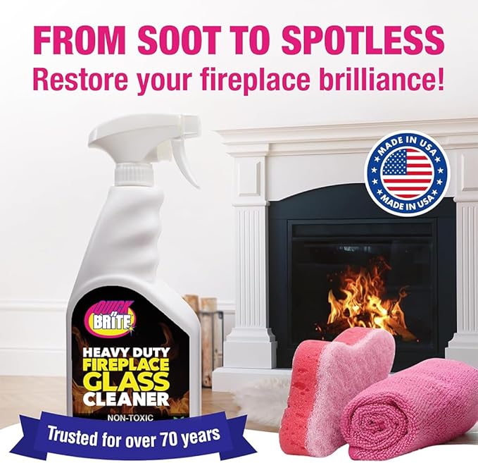 Quick 'n Brite Fireplace Glass Cleaner 24oz, Nonabrasive Cleaning Spray for Oven, Cooktops, Ceramic-Glass, Microwave Glass