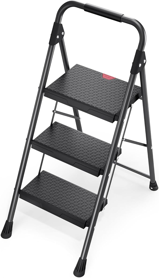 KINGRACK Step Ladder, Portable Folding Step Stool with Anti-Slip Wide Pedals, Heavy Sturdy Steel with Handrail, Safe-Lock Design, 800lbs Load Capacity, for Home and Kitchen, Black (3 Step Ladder)