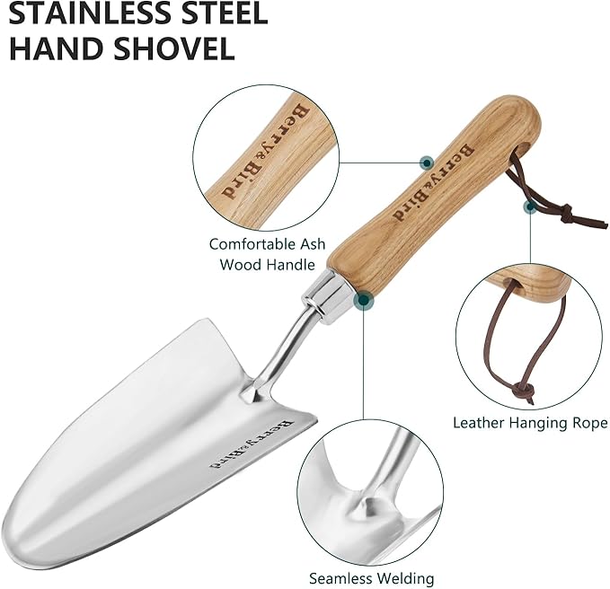Berry&Bird Stainless Steel Trowel, Garden Small Flower Hand Shovel, Potting Soils Scoop with Wood Handle, Gardening Bonsai Tools for Transplanting Digging Weeding Planting