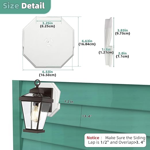 Siding Mounting Blocks, Qulity Siding Mounting Plate, 130110006001 Octagon Small Outdoor Light Mounting Block, for 1/2 inch Lap Double and 4 inch Height Siding, White 2 Packs