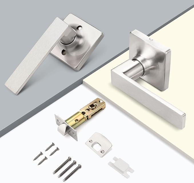 GOBEKOR 2 Pack Brushed Nickel Interior Door Handles Passage for Hallway Closet Lever Door Handles Square Door Levers Keyless Straight Door Lock