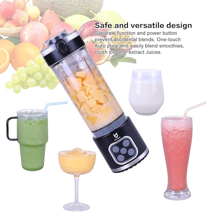 UTALENT Cordless Portable Blender, 25 oz removable Vessel，Powerful Personal Blender, for Smoothies, Ice Crush, 4 Programs, Leakproof-Lid & Sip Spout, USB-C Rechargeable, Dishwasher Safe Parts, Black