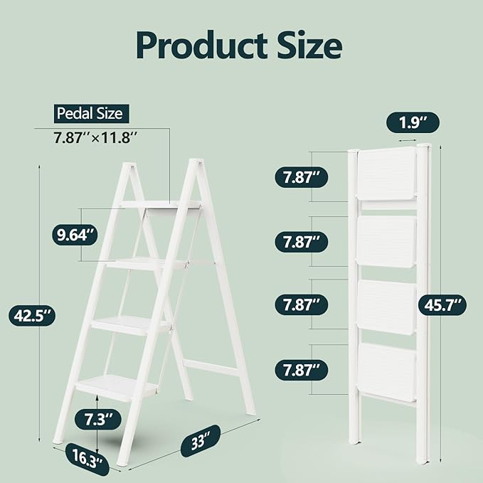WOA WOA 4 Step Ladder, Folding Step Stool with Wide Pedals, Sturdy Steel Ladders with Anti-Slip Feet, Compact Kitchen Stepping Stool, Supports up to 330 lbs - White