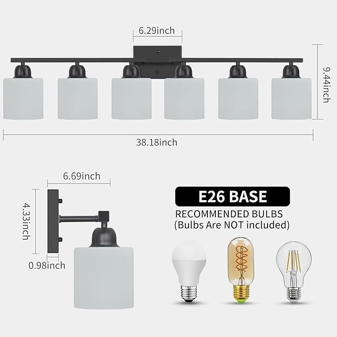 6-Light Black Vanity Lights for Bathroom, Modern Bathroom Vanity Lighting Fixtures Over Mirror, Bathroom Light Fixtures for Bathroom Mirror, Living Room, Hallway, Vanity Table, E26 Base