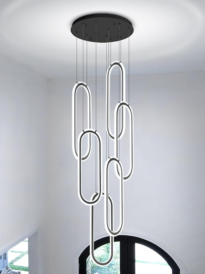 Flashing God Modern Chandelier,Black Chandeliers with 6 Ring Led Foyer Chandeliers,Larger High Ceiling Chandelier for Living Room,Rectangle Chandelier for Entryway Staircase LED Dimming 2700k-6000k