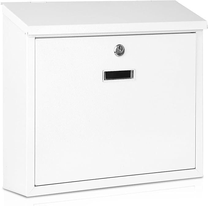 xydled Mail Boxes with Key Lock,Locking Mailbox Wall Mounted,Security Metal Mailbox Drop Box, Modern Large Capacity,Steel Cover Metal Postbox for House Home Outside, White, 14.2''x12.6''x4''