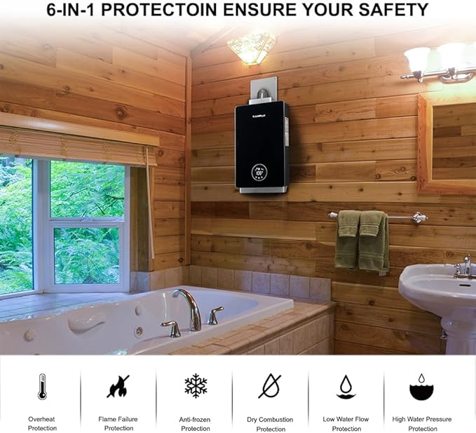 CAMPLUX Instant Hot Water Heater, 3.18 GPM Natural Gas, Whole House Gas Water Heater, Indoor, Black