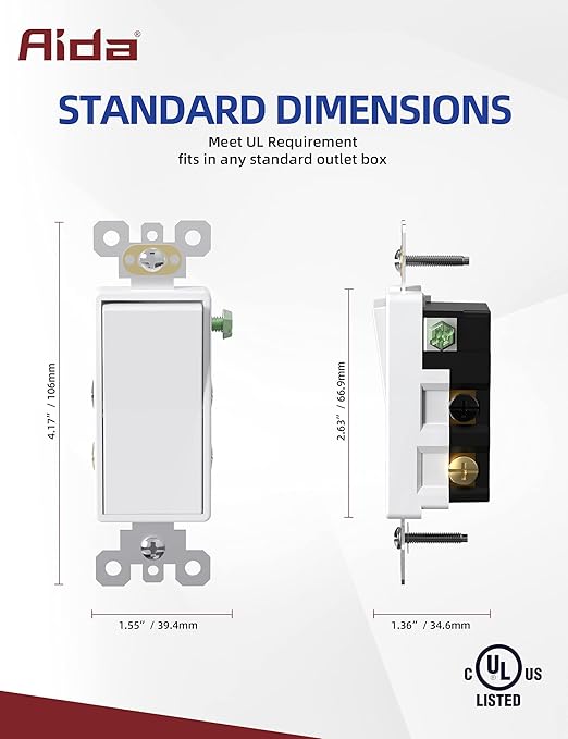 AIDA 50 Pack 4 Way Switch Decorative Light Switch, 15Amp, 120/277 Volt, 4 Way Decorative Light Rocker Switch Replacement, Self-Grounding, Residential and Commercial Grade, UL Listed
